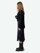 Jayla Leopard Silk Jacquard Skirt - Mid-length skirt in navy blue silk with leopard jacquard and lace-trimmed slits.