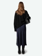 Jayla Leopard Silk Jacquard Skirt - Mid-length skirt in navy blue silk with leopard jacquard and lace-trimmed slits.