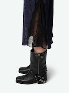 Jayla Leopard Silk Jacquard Skirt - Mid-length skirt in navy blue silk with leopard jacquard and lace-trimmed slits.