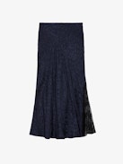 Jayla Leopard Silk Jacquard Skirt - Mid-length skirt in navy blue silk with leopard jacquard and lace-trimmed slits.