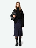 Jayla Leopard Silk Jacquard Skirt - Mid-length skirt in navy blue silk with leopard jacquard and lace-trimmed slits.