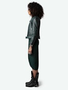 Jamelia Silk Jacquard Wings Skirt - Long draped skirt in dark green silk with jacquard wings and slit.