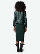 Jamelia Silk Jacquard Wings Skirt - Long draped skirt in dark green silk with jacquard wings and slit.