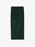 Jamelia Silk Jacquard Wings Skirt - Long draped skirt in dark green silk with jacquard wings and slit.