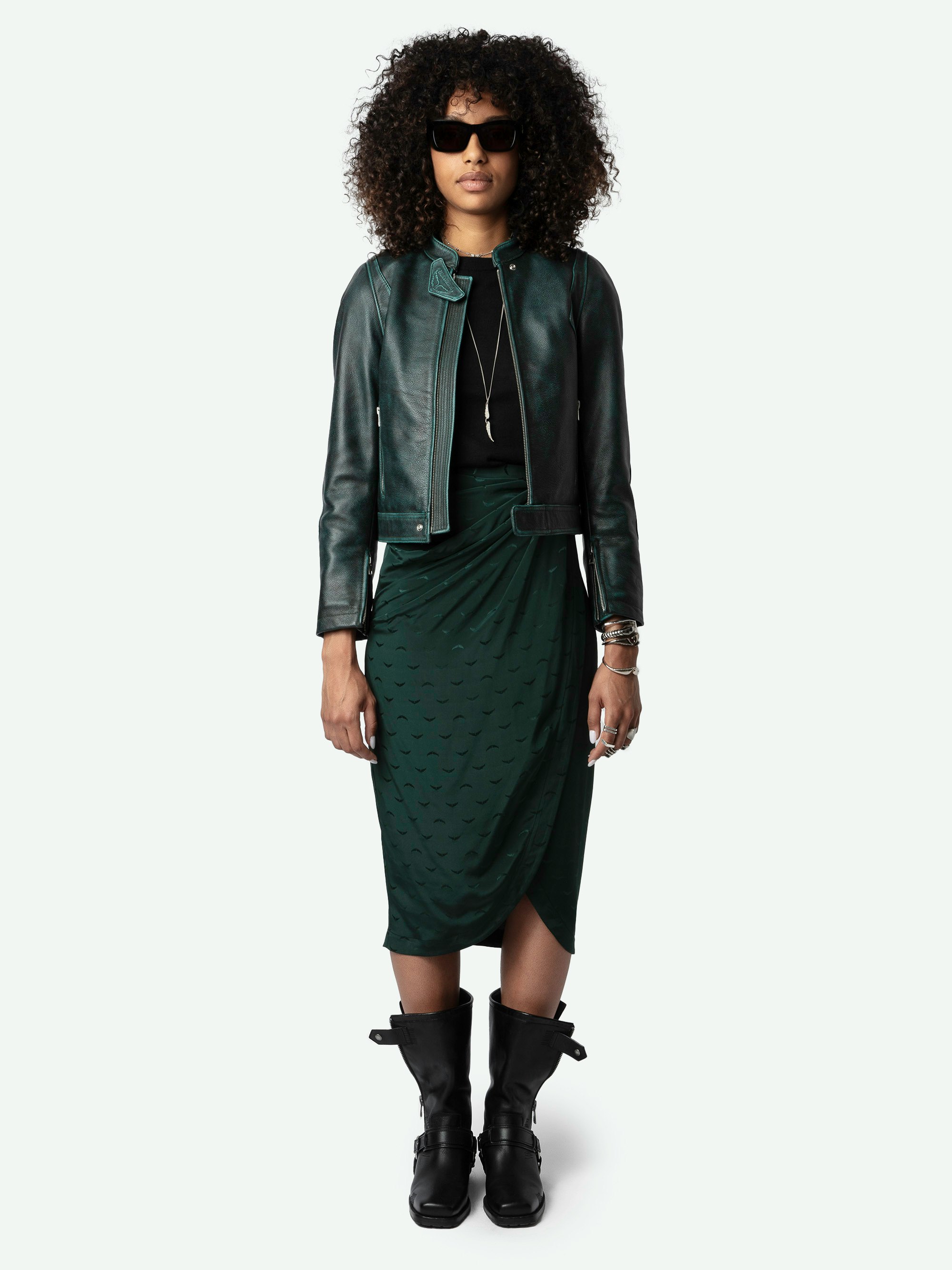 Jamelia Silk Jacquard Wings Skirt - Long draped skirt in dark green silk with jacquard wings and slit.