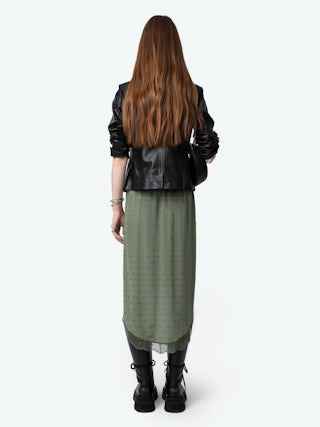 Jupe Jeudie 100% Soie - Jupe mi-longue asymétrique esprit lingerie en soie à jacquard ailes et bandes de dentelle.