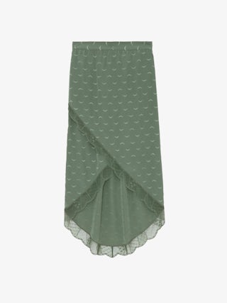 Jupe Jeudie 100% Soie - Jupe mi-longue asymétrique esprit lingerie en soie à jacquard ailes et bandes de dentelle.