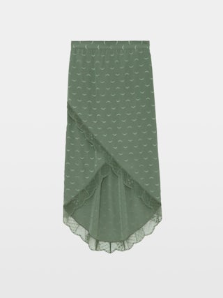 Skirt Jeudie 100% Silk - Asymmetric midi silk skirt with Wings jacquard and lace bands, lingerie-inspired.