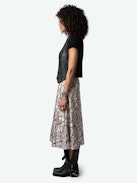 June Silk Skirt - Mid-length skirt in ecru silk twill with leopard and chain print and button fastening.