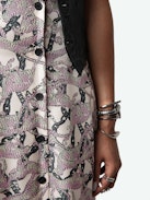 June Silk Skirt - Mid-length skirt in ecru silk twill with leopard and chain print and button fastening.