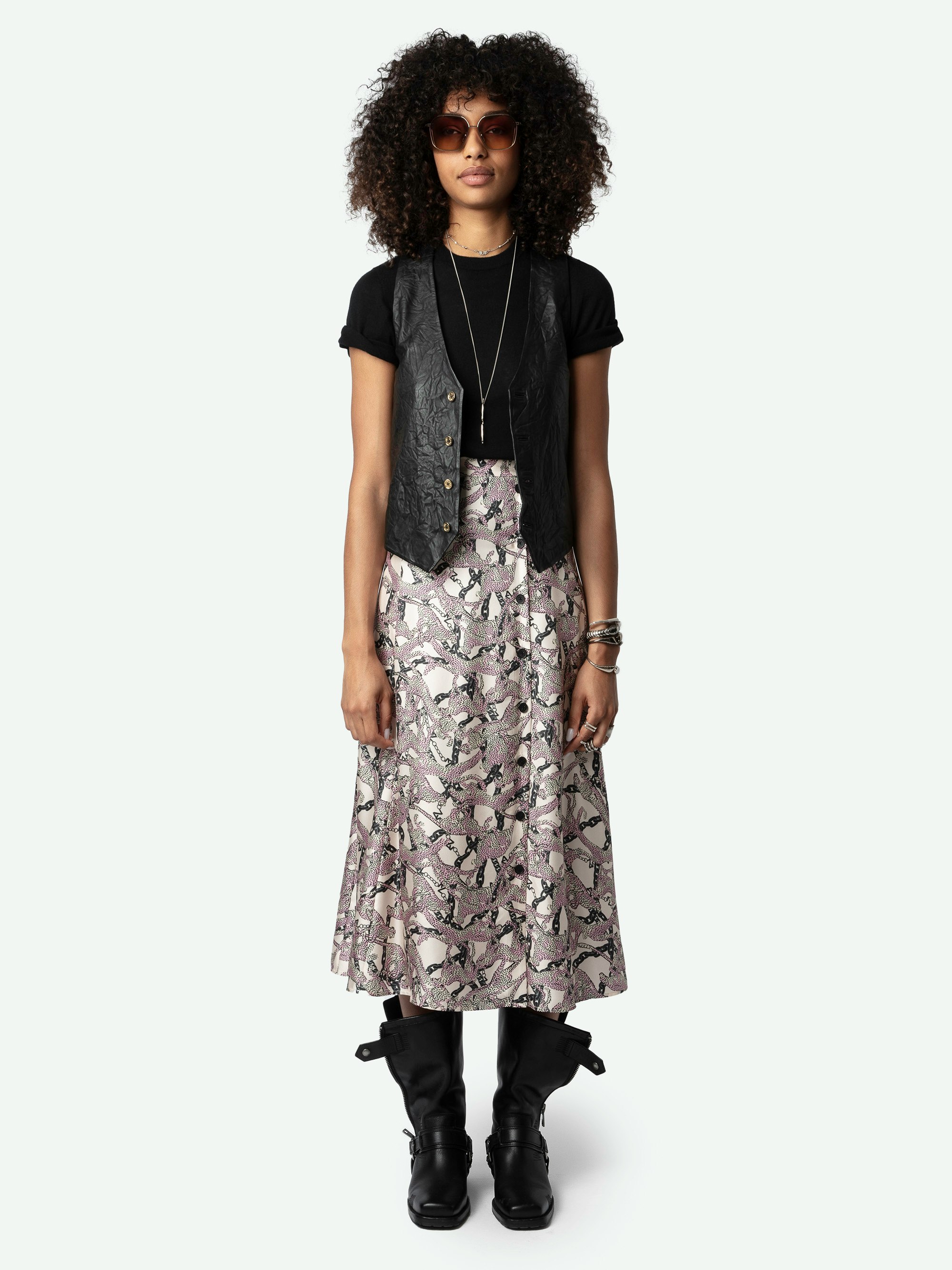 June Silk Skirt - Mid-length skirt in ecru silk twill with leopard and chain print and button fastening.