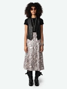 June Silk Skirt - Mid-length skirt in ecru silk twill with leopard and chain print and button fastening.