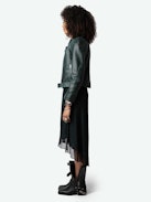Joslin Leopard Skirt - Asymmetrical mid-length lingerie-style skirt in dark green with leopard print and lace.