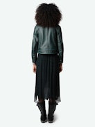 Joslin Leopard Skirt - Asymmetrical mid-length lingerie-style skirt in dark green with leopard print and lace.