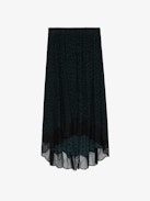 Joslin Leopard Skirt - Asymmetrical mid-length lingerie-style skirt in dark green with leopard print and lace.