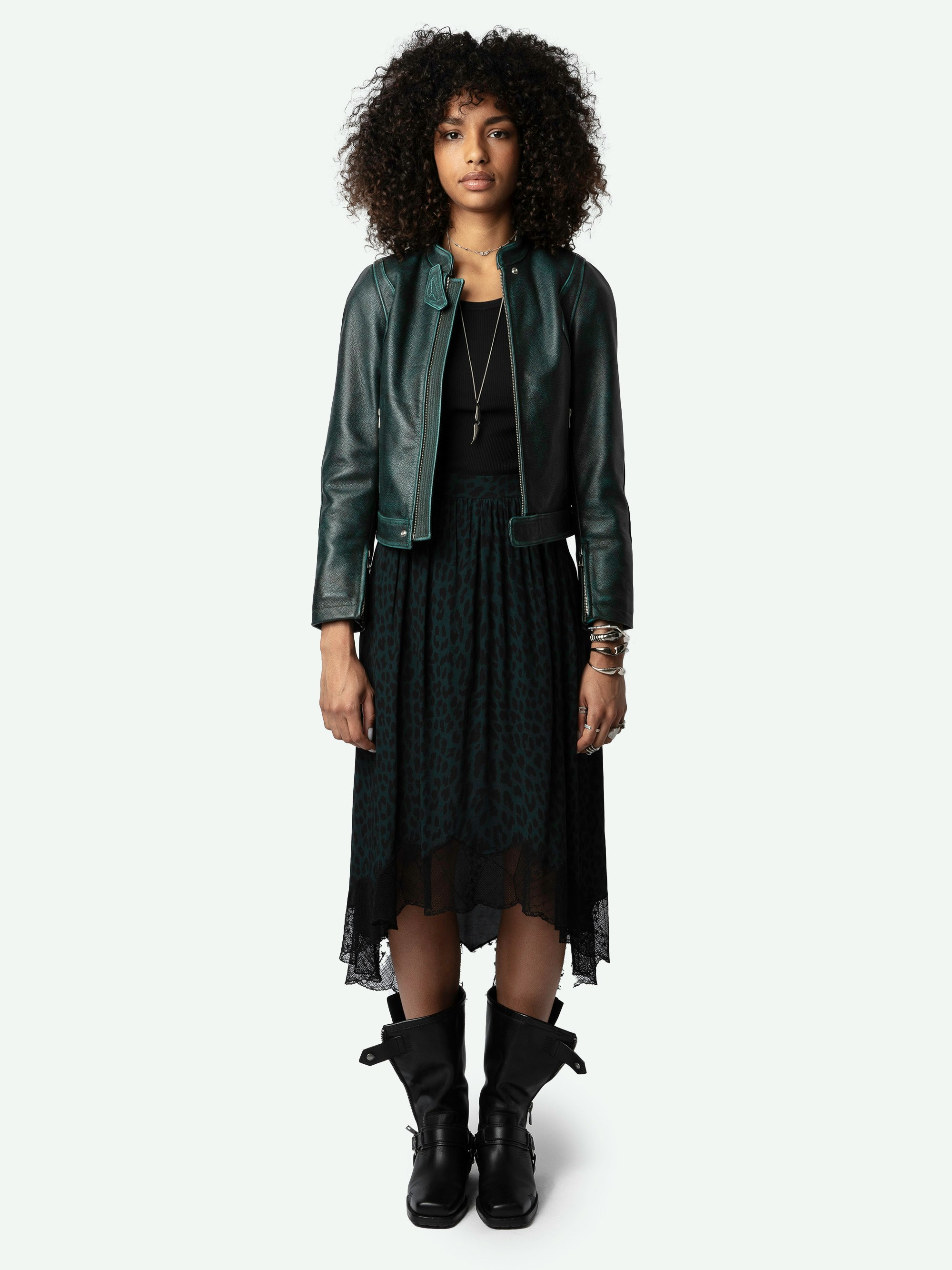 Joslin Leopard Skirt - Asymmetrical mid-length lingerie-style skirt in dark green with leopard print and lace.