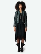 Joslin Leopard Skirt - Asymmetrical mid-length lingerie-style skirt in dark green with leopard print and lace.