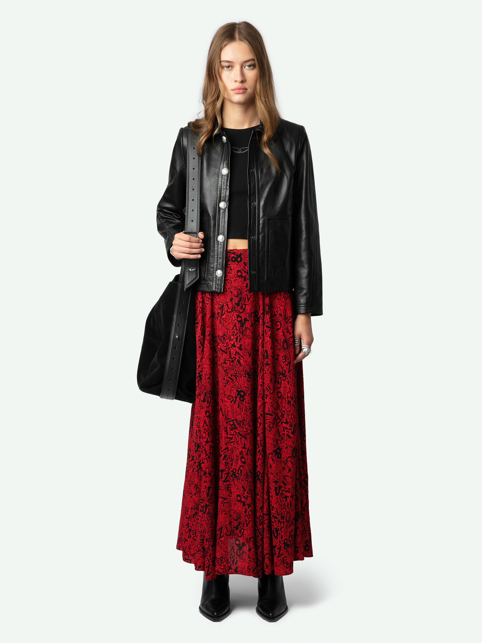 Joyo Skirt - Long flared red skirt with Wild Voltaire print.