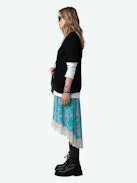 Gonna Joslin Seta - Gonna medio-lunga asimmetrica stile lingerie in seta blu con motivi a catena ZV e pizzo.