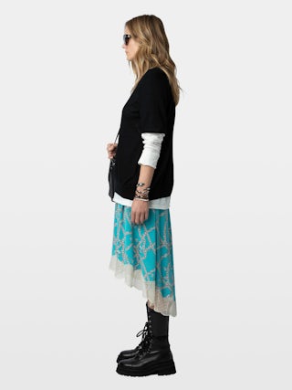 Joslin Skirt 100% Silk - Mid-length asymmetric silk skirt with chain motifs, ZV signature and lace; lingerie-inspired.