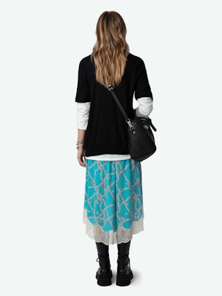 Jupe Joslin 100% Soie - Jupe mi-longue asymétrique esprit lingerie en soie à motifs chaînes ZV et dentelle.