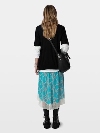 Joslin Skirt 100% Silk - Mid-length asymmetric silk skirt with chain motifs, ZV signature and lace; lingerie-inspired.