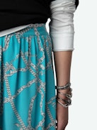 Gonna Joslin Seta - Gonna medio-lunga asimmetrica stile lingerie in seta blu con motivi a catena ZV e pizzo.