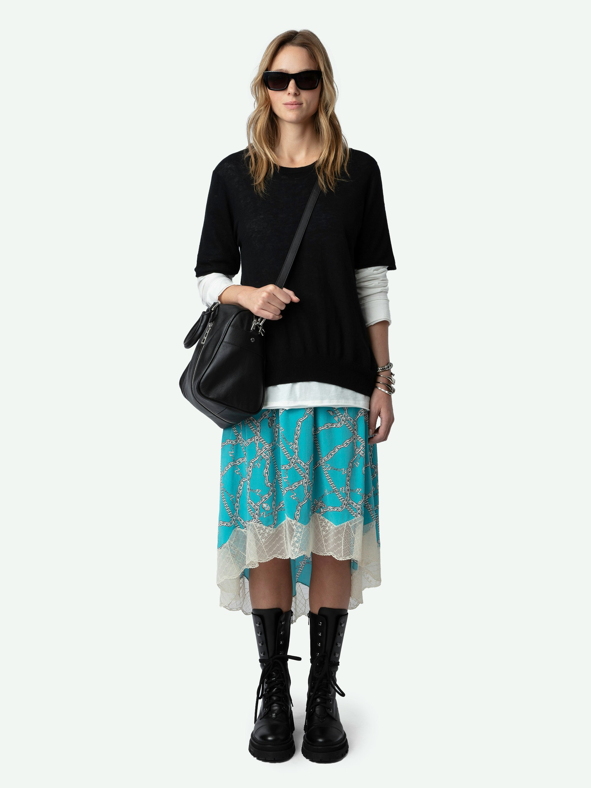 Joslin Silk Skirt - Blue lingerie-style asymmetrical mid-length silk skirt with ZV chain motifs and lace.