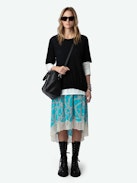 Gonna Joslin Seta - Gonna medio-lunga asimmetrica stile lingerie in seta blu con motivi a catena ZV e pizzo.