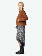 Joslin Skirt - Asymmetrical, mid-length lingerie-style skirt in printed viscose with exclusive French lace.