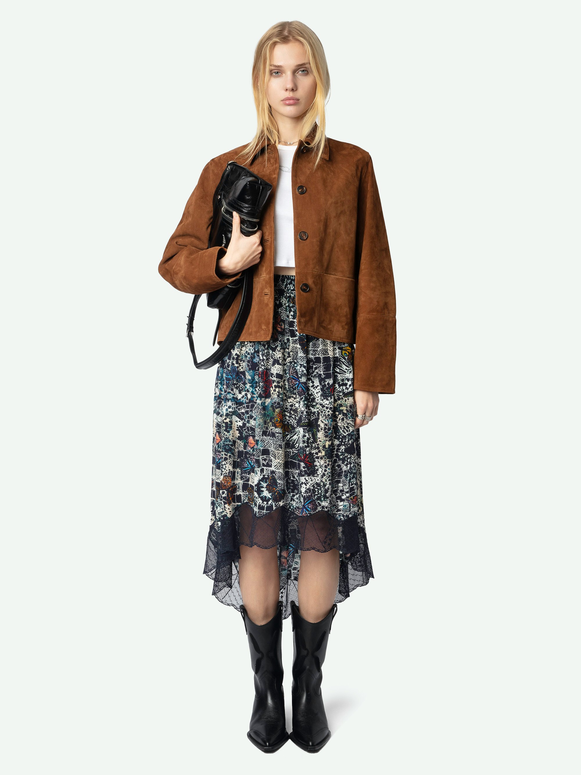 Joslin Skirt - Asymmetrical, mid-length lingerie-style skirt in printed viscose with exclusive French lace.