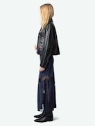 Jaylal Silk Skirt - Long lingerie-style navy lace skirt in chain-patterned jacquard silk with exclusive French lace detailing.
