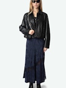 Jaylal Silk Skirt - Long lingerie-style navy lace skirt in chain-patterned jacquard silk with exclusive French lace detailing.