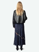 Jaylal Silk Skirt - Long lingerie-style navy lace skirt in chain-patterned jacquard silk with exclusive French lace detailing.