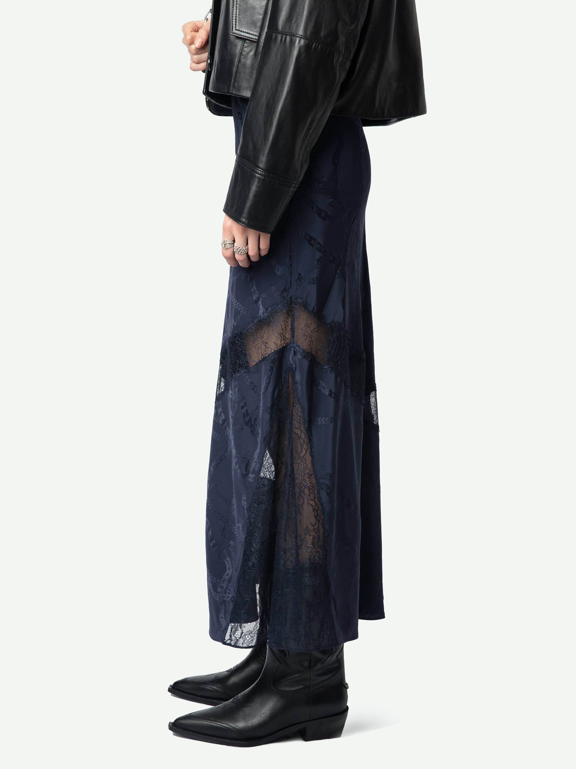 Jaylal Silk Skirt - Long lingerie-style navy lace skirt in chain-patterned jacquard silk with exclusive French lace detailing.