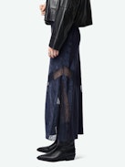 Jaylal Silk Skirt - Long lingerie-style navy lace skirt in chain-patterned jacquard silk with exclusive French lace detailing.