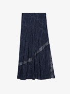 Jaylal Silk Skirt - Long lingerie-style navy lace skirt in chain-patterned jacquard silk with exclusive French lace detailing.