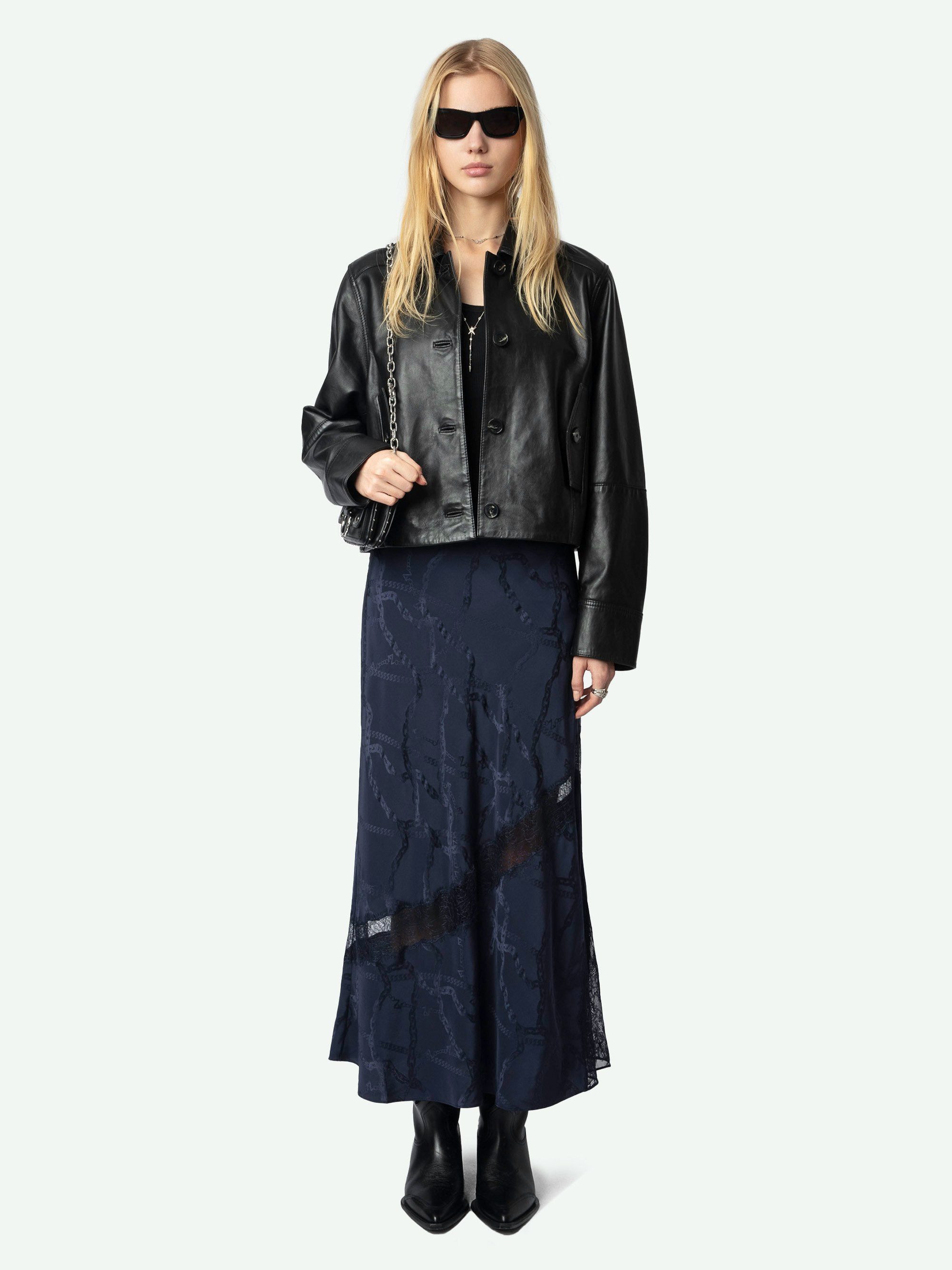 Jaylal Silk Skirt - Long lingerie-style skirt in chain-patterned jacquard silk with exclusive French lace detailing.
