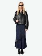 Jaylal Silk Skirt - Long lingerie-style navy lace skirt in chain-patterned jacquard silk with exclusive French lace detailing.