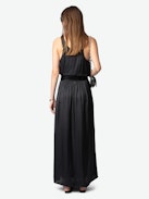 Jady Satin Skirt - Long black satin pleated skirt with slit, zip closure, and jewel button.