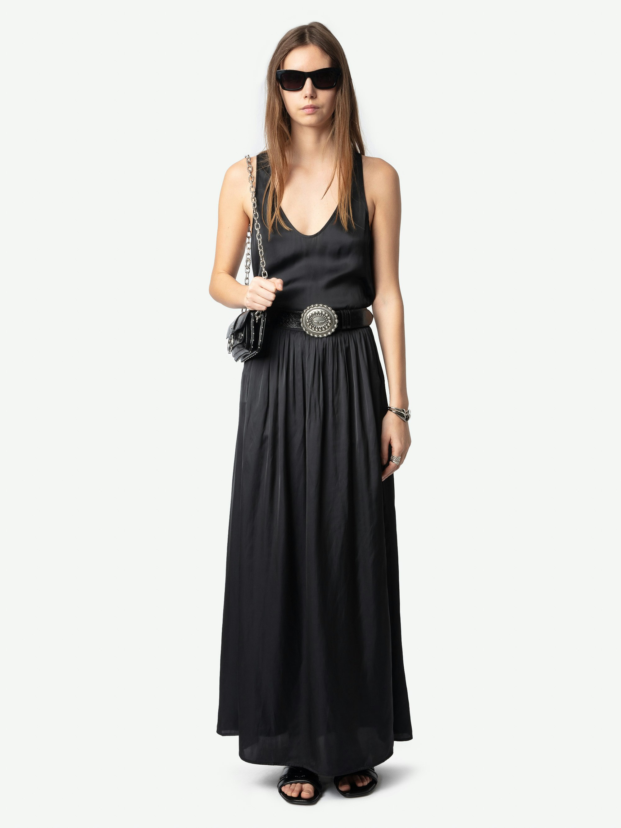 Jady Satin Skirt - Long satin skirt with slit, zip closure with jewel button.