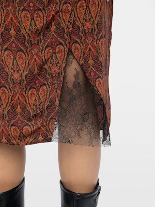 Jupe Julen - Jupe mi-longue en viscose imprimée, esprit lingerie avec dentelle et coupe portefeuille.