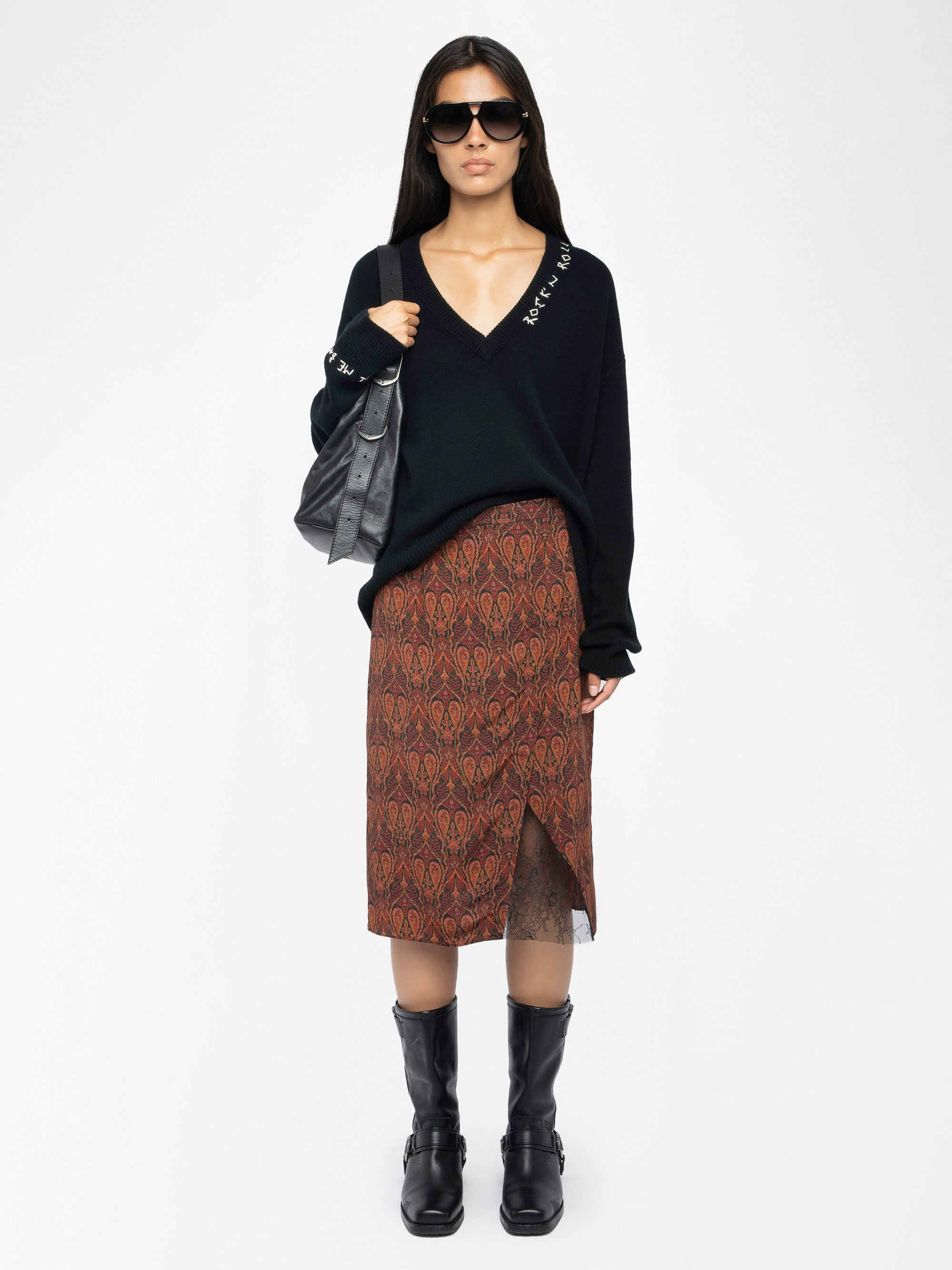 Julen Skirt - Mid-length printed viscose skirt, lingerie-inspired with lace and wrap cut.