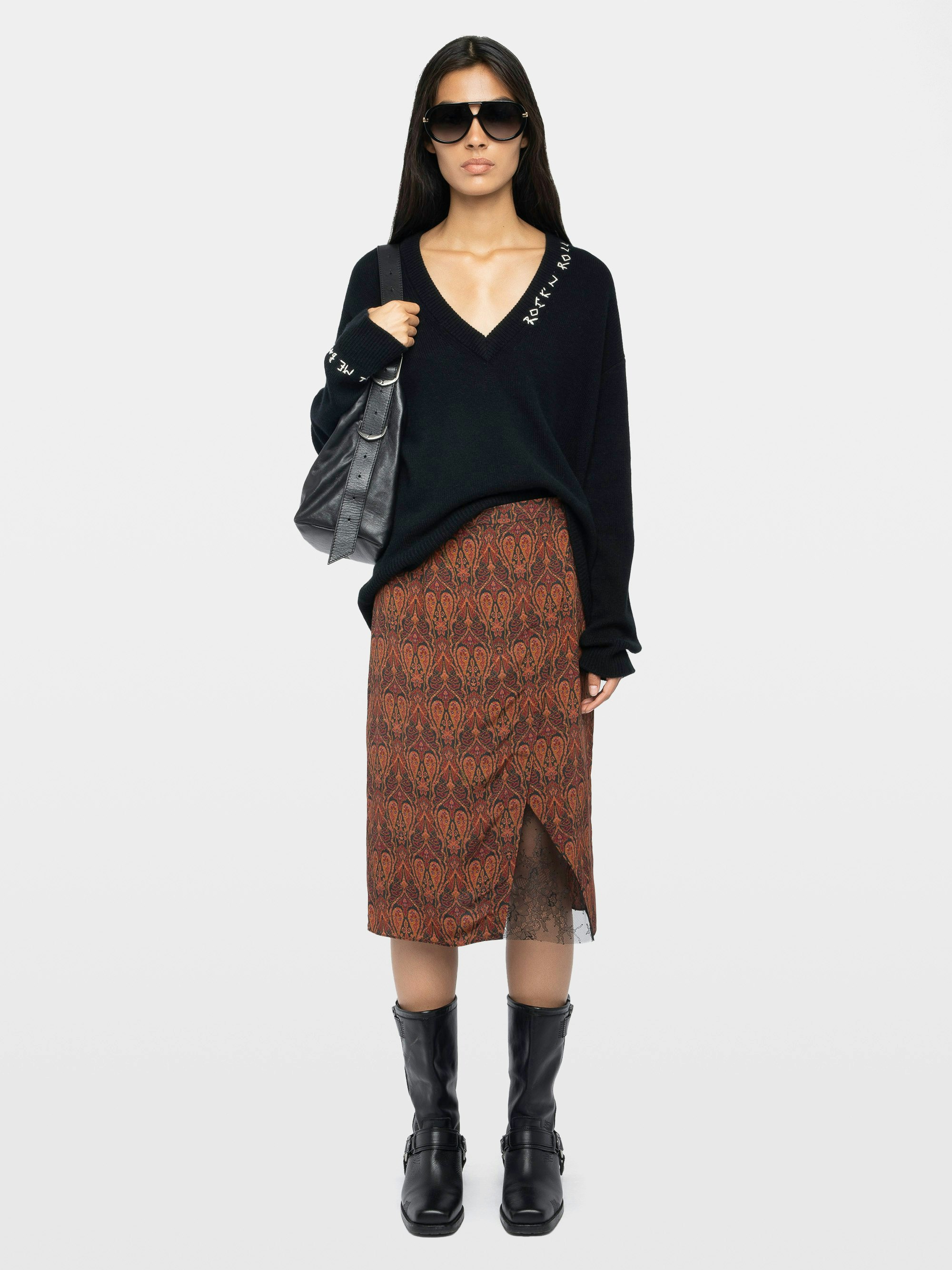 Jupe Julen - Jupe mi-longue en viscose imprimée, esprit lingerie avec dentelle et coupe portefeuille.