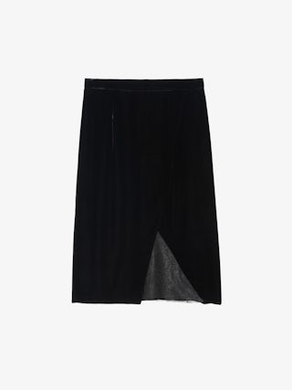 Julen Velvet Skirt - Mid-length velvet skirt with lingerie inspiration featuring lace and wrap cut.