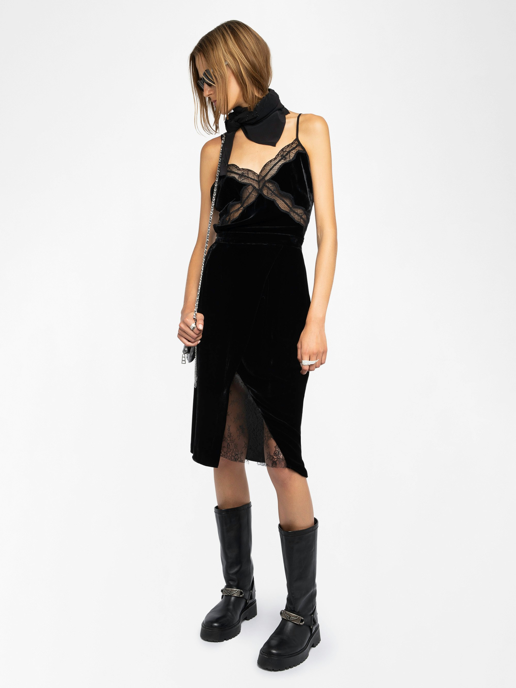 Julen Velvet Skirt - Mid-length velvet skirt with lingerie inspiration featuring lace and wrap cut.