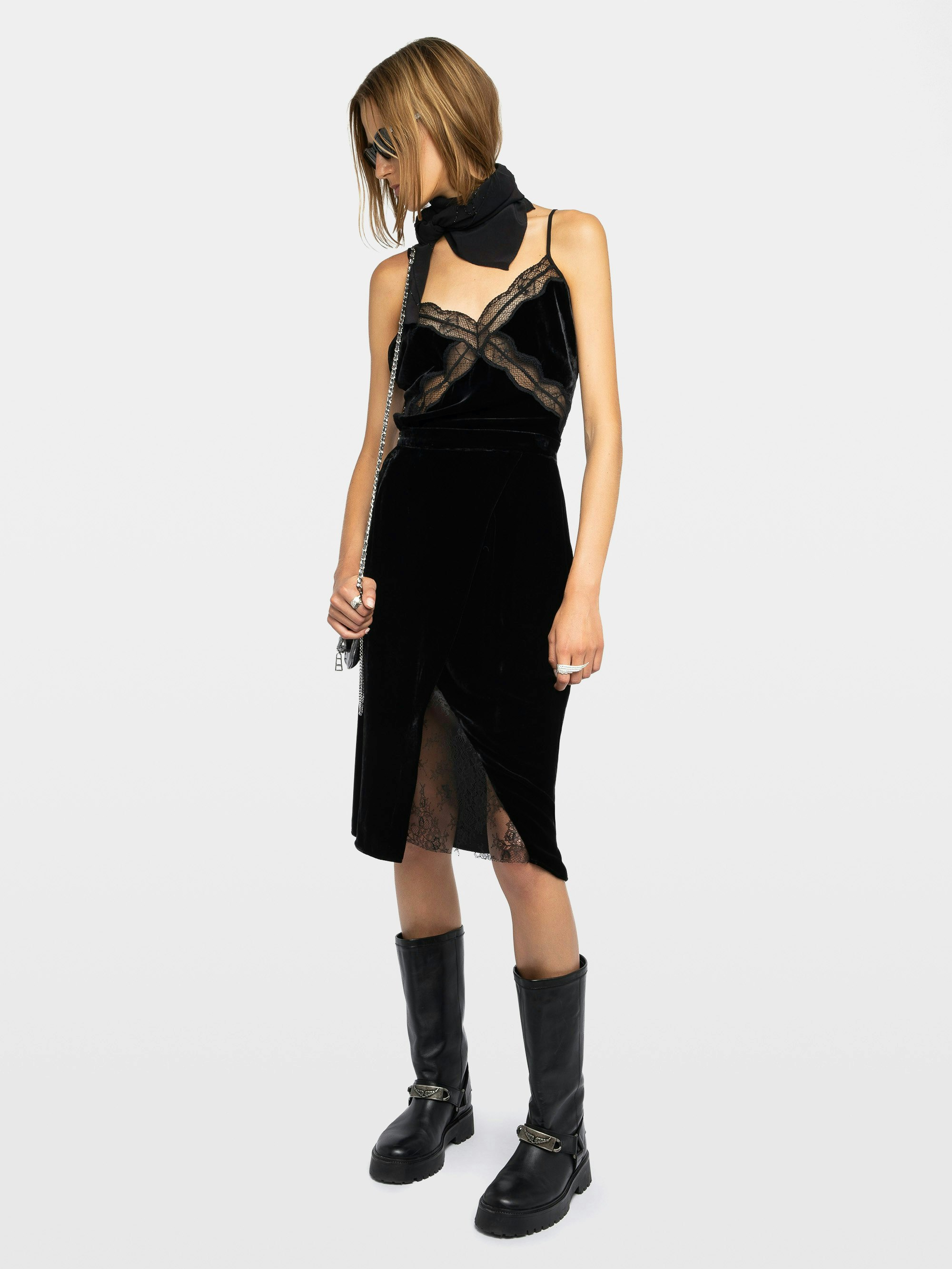 Julen Velvet Skirt - Mid-length velvet skirt with lingerie inspiration featuring lace and wrap cut.
