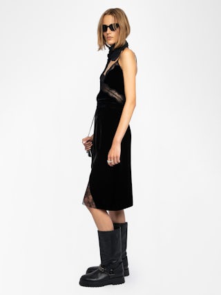 Julen Velvet Skirt - Mid-length velvet skirt with lingerie inspiration featuring lace and wrap cut.