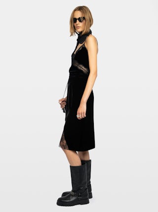 Julen Velvet Skirt - Mid-length velvet skirt with lingerie inspiration featuring lace and wrap cut.