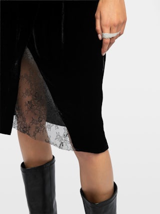 Julen Velvet Skirt - Mid-length velvet skirt with lingerie inspiration featuring lace and wrap cut.